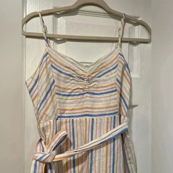 Gap Linen Cotton Striped Ruched Front Smock Back Belted Dress Size 4P - Picture 4 of 10